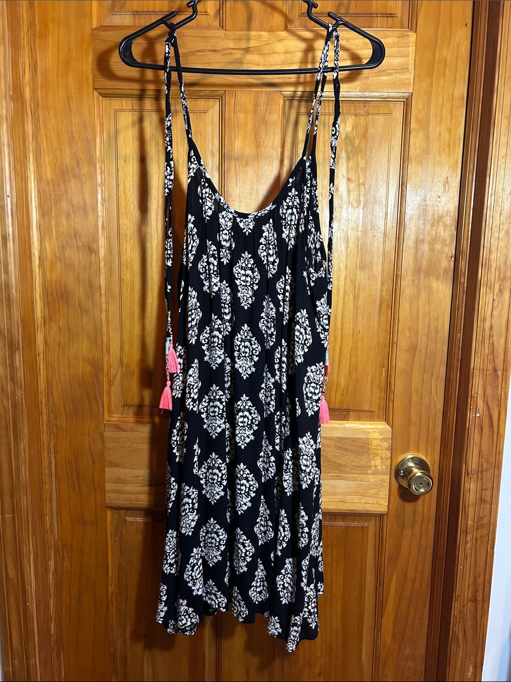 blue island Black and White Printed Midi Dress with Pink Tassels